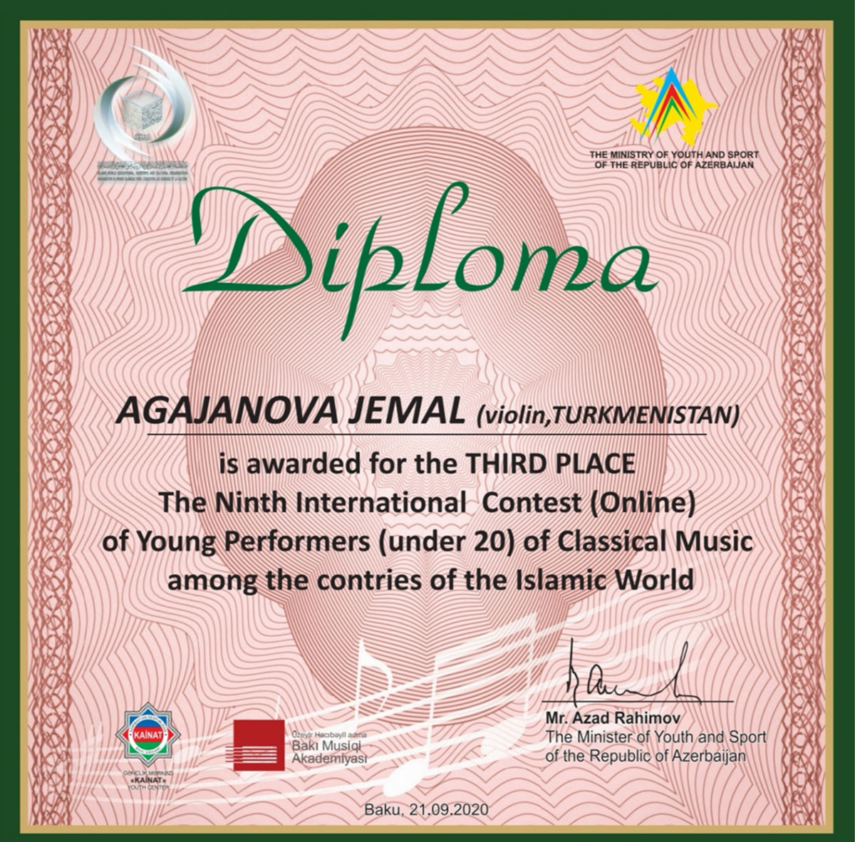 Turkmen violinist – Jemal Agajanova – the winner of an international contest