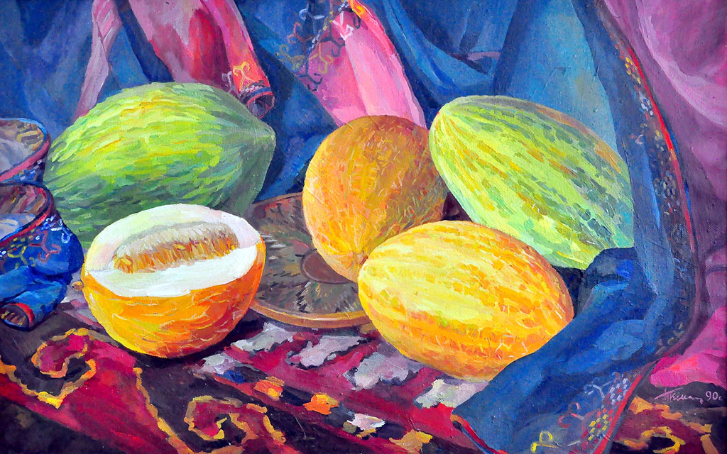 The exposition of melons arranged at the Museum of Fine Arts filled with rich colors and aromas of summer